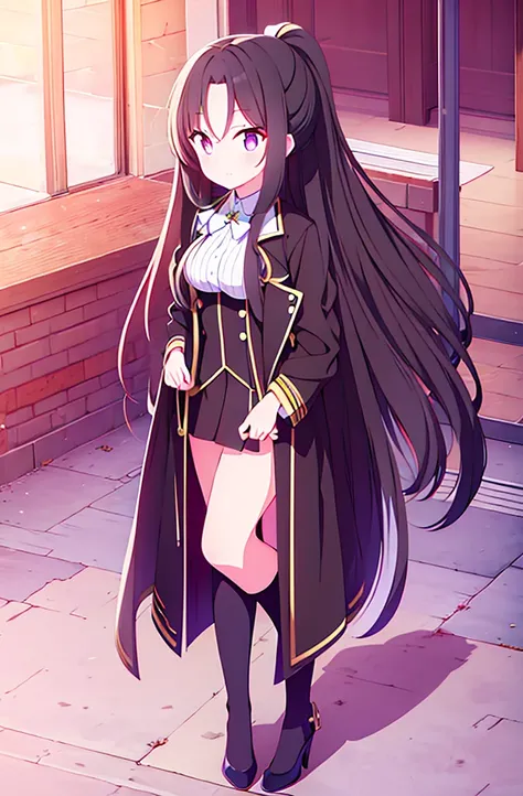 hair length about 5 meters girl long_hair black_hair tall black_uniform highschool 1girl high ponytail super long hair long hair