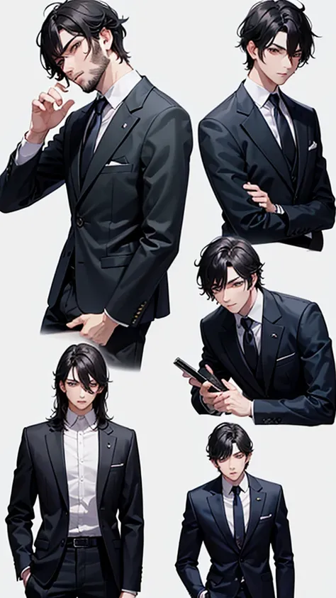 male、30 years old、less beard、Tired face、Glaring eyes、Long bangs、7:3 parting、Shot from the thigh up、Are standing、looking at the camera、Plain white background、Black business suit、High quality、Salaryman