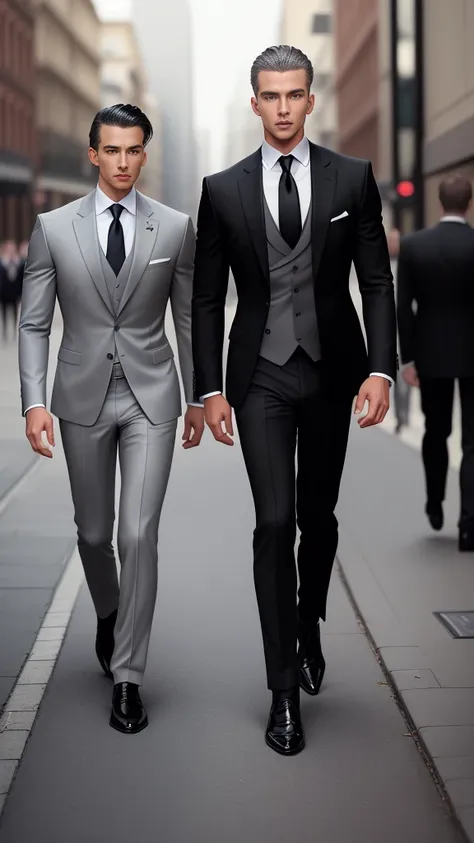 a man in a suit and shoes walking down a sidewalk, wearing a stylish mens suit, stylish suit, wearing fashion suit, mens fashion, grey pants and black dress shoes, elegant suit, wearing black grey suit, handsome and elegant, style from greg rutkowski, well...