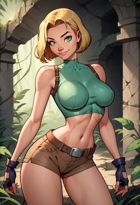 score_9, score_8_up, score_7_up,score_6_up, score_5_up, score_4_up, detailed soft lighting, 1girl, solo, large breasts, AchaseDG, hort hair, blonde hair, green eyes, plain white shirt, black gloves, crop top, (tiny brown shorts:1.4), belt, fingerless glove...