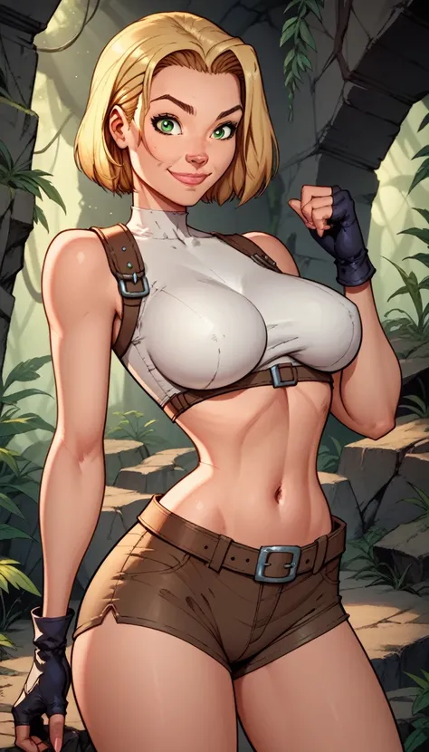 score_9, score_8_up, score_7_up,score_6_up, score_5_up, score_4_up, detailed soft lighting, 1girl, solo, large breasts, AchaseDG, hort hair, blonde hair, green eyes, plain white shirt, black gloves, crop top, (tiny brown shorts:1.4), belt, fingerless glove...