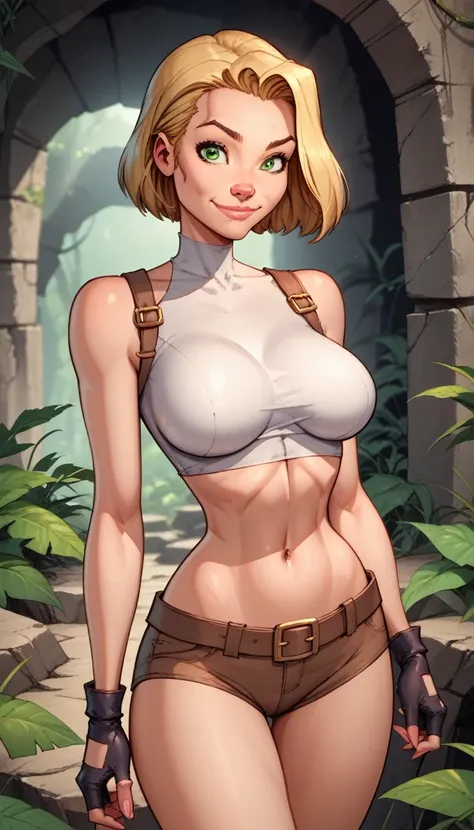 score_9, score_8_up, score_7_up,score_6_up, score_5_up, score_4_up, detailed soft lighting, 1girl, solo, large breasts, AchaseDG, hort hair, blonde hair, green eyes, plain white shirt, black gloves, crop top, (tiny brown shorts:1.4), belt, fingerless glove...