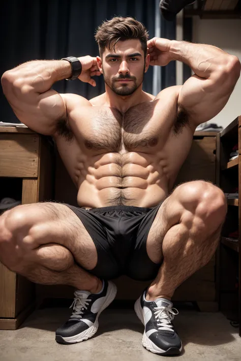 smile, short hair, black hair, brown hair, black hair,  male focus, multiple , shoes, shorts, arms, wristband, sneakers, sportswear, bench, , chest hair, , navel hair, leg hair, armpit hair, hairy, （Chest hair：1.8） ！ High detail 8K)! ((Realistically)), ! 1...