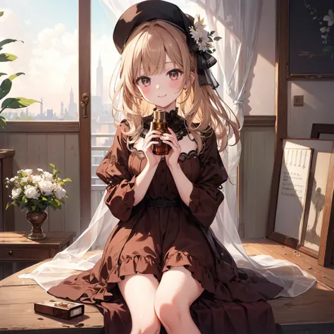 ((masterpiece,Highest quality)), 4K, High resolution, One girl, alone, smile, Brown dress, (Perfumer&#39;s Outfit 2:1.2), 