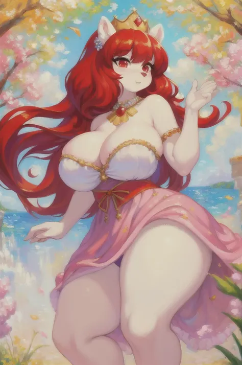 uploaded on e621, questionable content, an extremely talented impressionist painting of a white pony furry fluffy anthro maiden, cleavage, busty, curvy, big breasts, soft, squishy, pudgy, belly, ((colorfull dress)), ((detailed fluffy fur)), ((impasto impre...