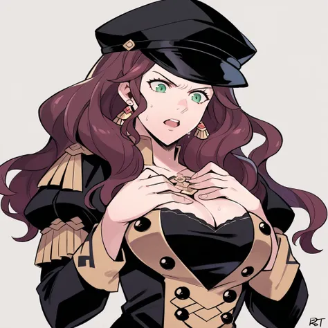 score_9, score_8_up, score_7_up, source_anime, Dorothea (Fire Emblem), bust shot, mldortgm, black headwear, (black uniform), brown hair, dangle earrings, gold trim, green eyes, jewelry, large breasts, cleavage, long hair, black peaked cap, black hat, serio...