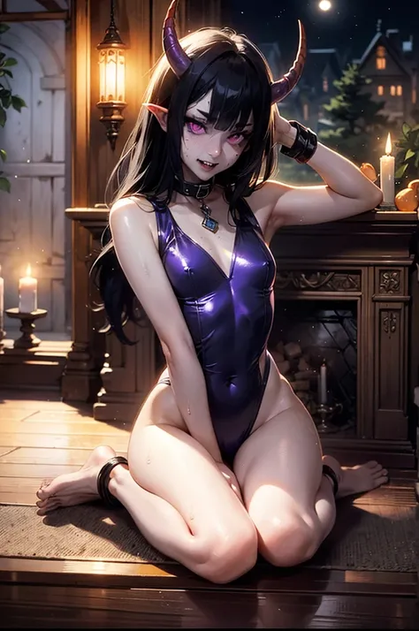 1girl, (grey skin, purple skin:1.4), dark skin, (oni, oni horns), sitting, relaxed, demon girl, (long black hair, cute hairstyle, messy hair), lots of hair, (large eyes, glowing eyes, purple eyes), (slit pupils), lithe, thin, sinuous, (toned body, strong, ...