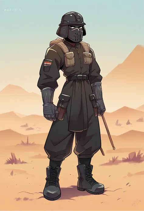 Modern male soldier, solo, black armor, black helmet and mask, black long boots, desert, black clothes, thin waist, black accessories, black everything