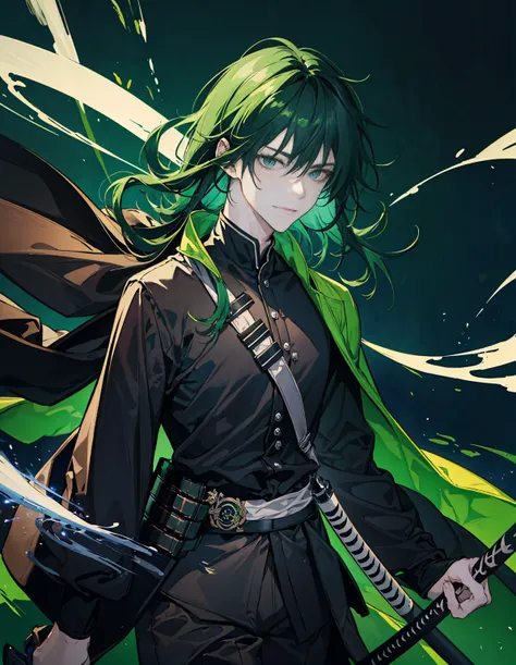 Rogue, 1man, fantasy ,longhair, green eyes, samuraistyle, blackhairhightlightgreen, japan, handsome, 21yearold, earing, smile ,dragger, villianface, darkblackground, use katana, fasionhair, samurai armor