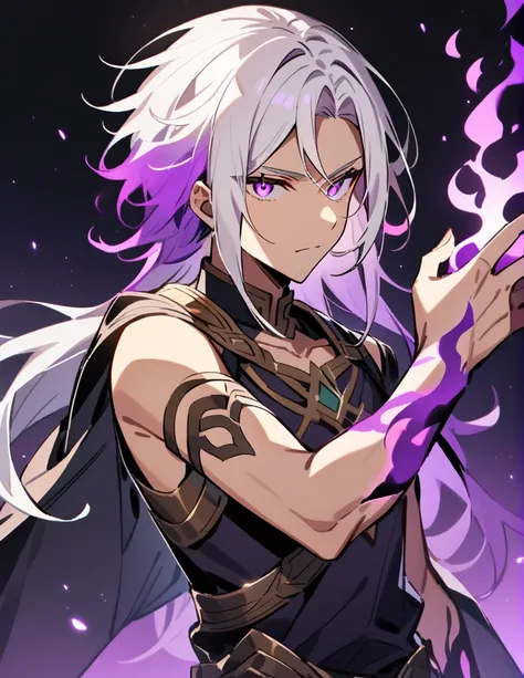 Greek boy with shoulder-length long white hair, violet eyes, looking at his arm which is covered in purple fire