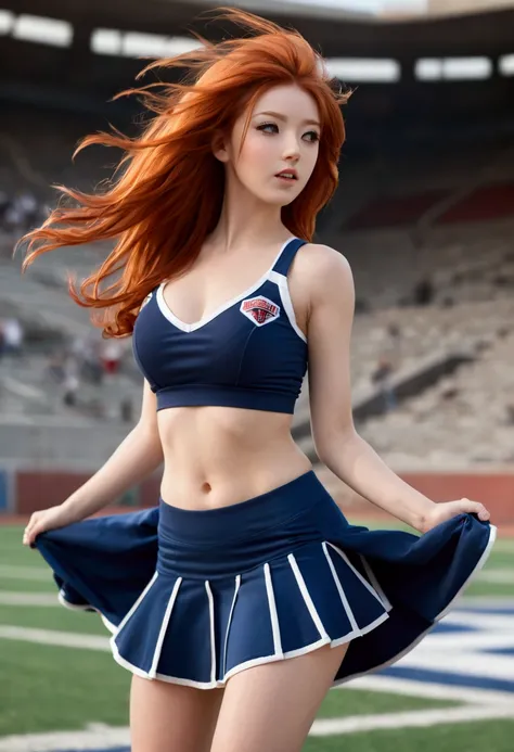 ultra realistic, photography, long red hair, girl, 24 years old, hourglass figure, perfect body, Flirty look, extremely detailed artgerm, in the style artgerm, small breasts, facing the camera, lens 35 mm, blur background, in a stadium, wearing a cheerlead...