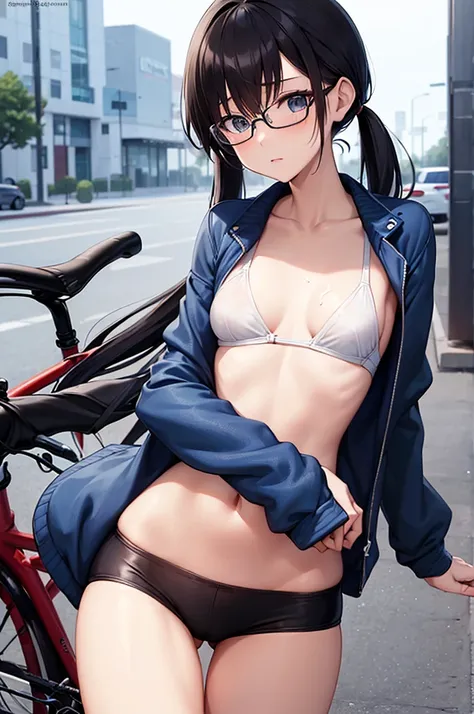 masterpiece, best quality,anime style, 1 girl,(((slender body))), (((small eyes,small breast,breast milk,breastfeeding a baby))),(((Jacket, Open your clothes, Open jacket, Blue jacket, ground vehicle, Sports Bra, bicycle,buruma,glasses))),((((cum)))), (bea...