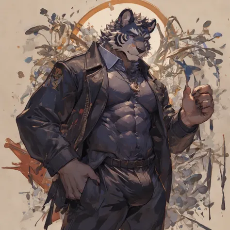 {{bara extremely handsome white tiger,}} {{white fur,}} white, professional model like, wearing elegant ornate suit jacket, trousers, white dress shirt and necktie, white fluffy furry body and limbs, loafers, very tall, very broad shoulders, narrow waist, ...