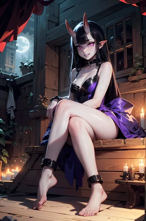 1girl, (grey skin, purple skin:1.4), dark skin, (oni, oni horns), sitting, relaxed, demon girl, (long black hair, cute hairstyle...