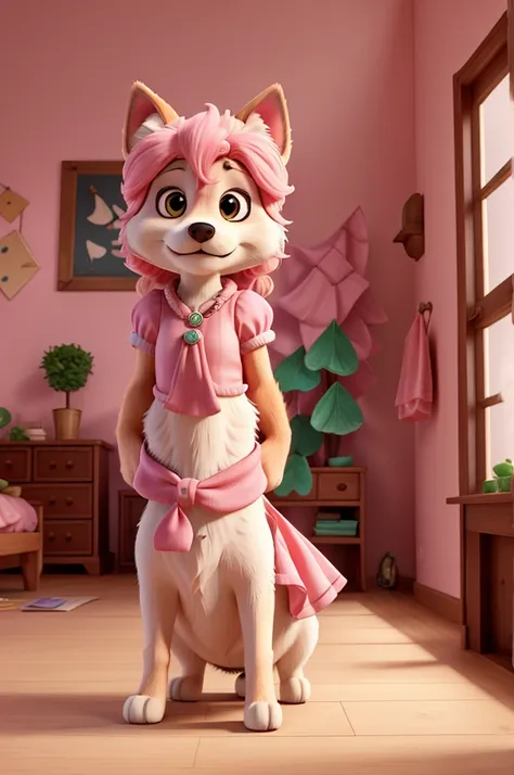 Humorous and stylized image featuring a dog, specifically a Siberian Husky, standing upright in a human-like pose. The dog is wearing a pink dress and has pink hair rollers in its fur, giving it a comical and anthropomorphic appearance. The background show...