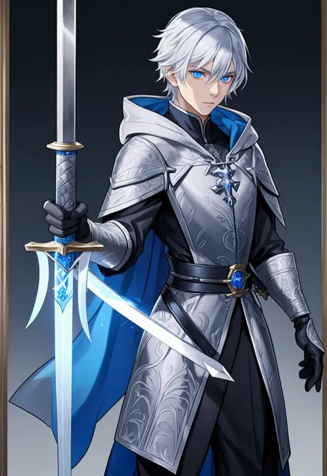 Wizard a young man, he has a silver hair and blue eyes, he wear a hood and wear gloves , hold sword with hand.
