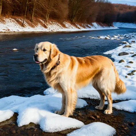 Golden Retriever, (white fur:1.3), 8k, extremely realistic, tense, cold, Highly detailed, sharp, professional, 8K  UHD, film, Outdoor, river, dramatic, perky, tense atmosphere, rendering, epic, nightfall, HDR, Albumcover, blizzard, Auf einem Felsen im rive...