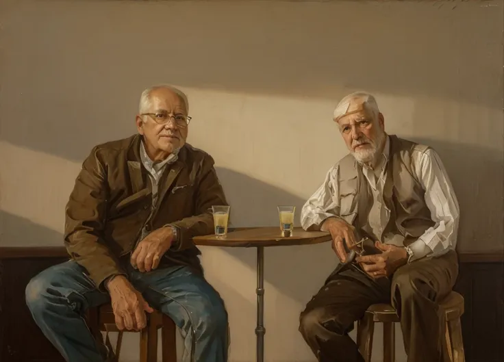 oil painting of two old men sitting ((best work of art)) ((two elderly men)) ((white background)) bar table, whiskey shots, brow...