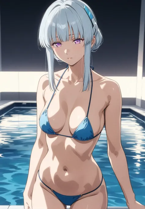 best quality, amazing quality, very aesthetic, absurdres, (1girl, noa, blue archive, solo, purpel eyes), (realistic face:0.9),(string bikini:1.8), (glare, thigh:1.3), (cowboy shot), (glowing eyes), (half closed eyes:0.9), (Soft Light:1.7), (official art:1....