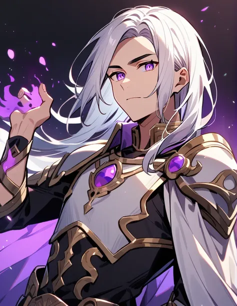 Greek boy with shoulder-length long white hair, violet eyes, with silver shoulder pads, looking at his arm which is covered in purple fire