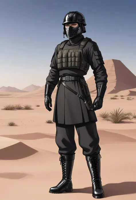 Modern male soldier, solo, black armor, black helmet and mask, black long boots, desert, black clothes, thin waist, black accessories, black everything