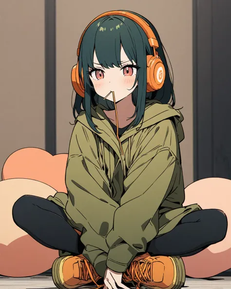 An anime-style illustration of a young woman with chin-length, dark teal hair wearing oversized, orange headphones. She is sitting in a crouched position, clad in a baggy olive green coat, dark leggings, and thick-soled shoes. She has a serene expression a...