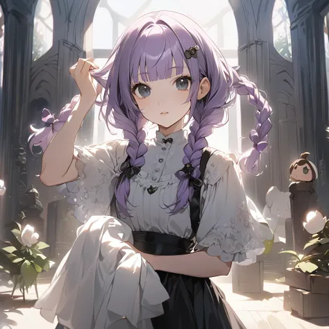 (Cute a girl:1.5), (a chibi girl with closs hair pin, pale purple hair, wavy two braids, blunt bangs hair, green and black eyes:1.4), anime visual, (tilt head:1.3), realistic lighting and shading, (an extremely delicate and beautiful art:1.3), (from front:...