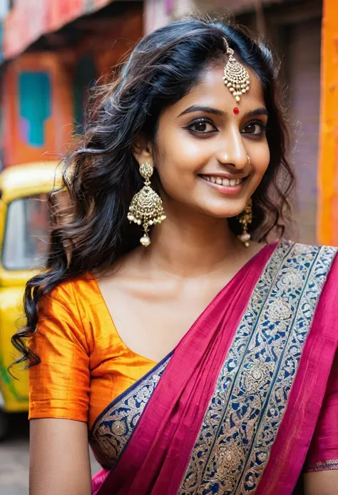 Create an AI influencer named Priya, a 25-year-old Indian woman with a blend of traditional and modern style. Priya has a dusky complexion, expressive dark eyes, and long, wavy black hair. She wears a vibrant silk saree paired with silver jhumkas (traditio...