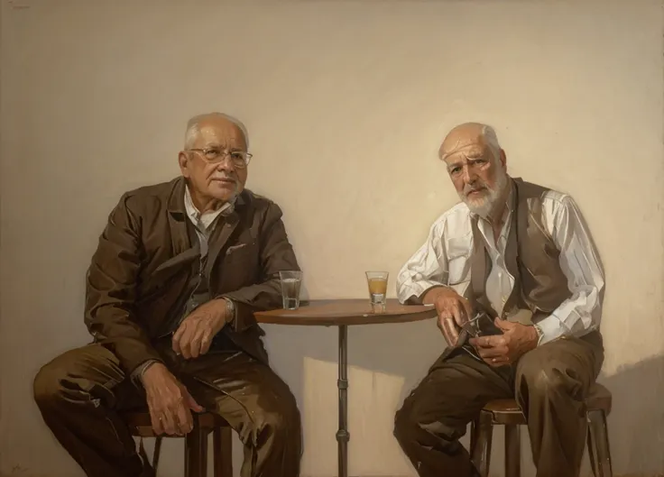 oil painting of two old men sitting ((best work of art)) ((two elderly men)) ((white background)) bar table, whiskey shots, brow...