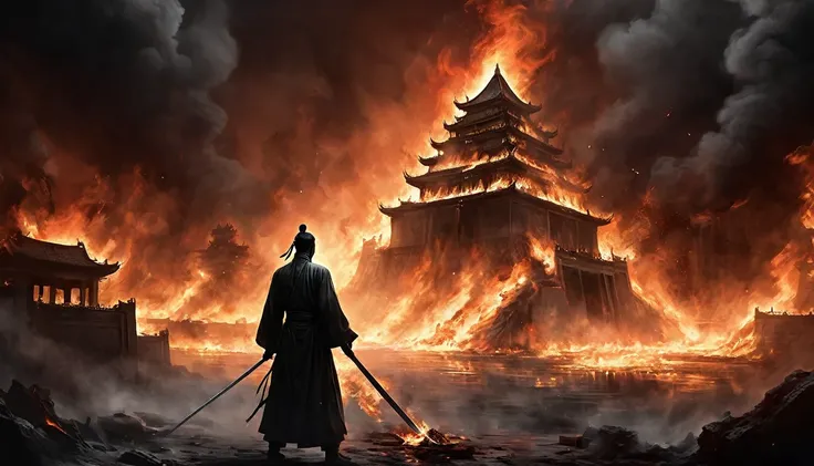 Anime style, High contrast, black and white, dramatic scene: Ancient Chinese palace engulfed in flames. Liu XuanTian, wounded, gripping his sword, faces Lao with cold determination."