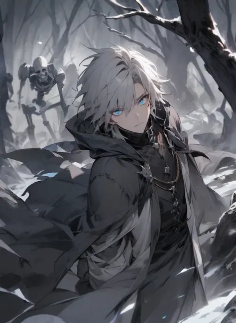 young man ,Male Dark, dark Woods, cold gray colors, man white hair with blue eye, Warlock dnd , Skeleton army in background