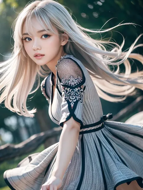 Silver Hair、(masterpiece, Highest品質, Highest, Official Art, beautifully、beautiful, exposed for a long time: 1.2), Smooth movement, Attractive patterns, 1 girl, (Dresses with sleeves: 1.4), Upper Body close-up, Expose your shoulders, Chinese Girl, blush, Bl...