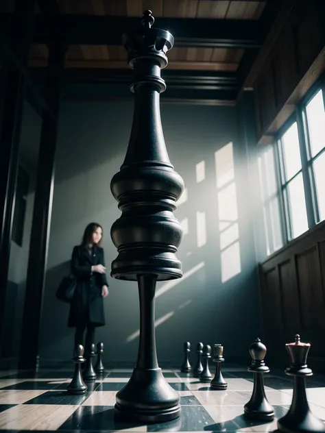 Hyperrealistic amazing cinematic a woman is playing chess on a chess board with a giant chess piece in front of her and a giant chess piece behind her, Artur Tarnowski, unreal engine render, a 3D render, photorealism, volumetric fog, tonalism, film, profes...