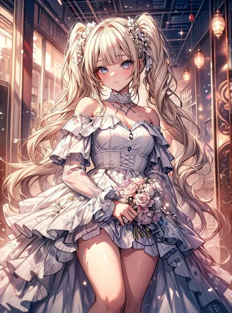 masterpiece, highest quality, High resolution, SA1, Floral off-the-shoulder dress, Sparkly eyes, false eyelashes, Platinum Blonde Twin Tails, Cute atmosphere,