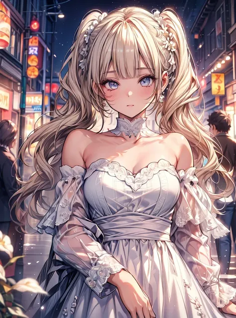 masterpiece, highest quality, High resolution, SA1, Floral off-the-shoulder dress, Sparkly eyes, false eyelashes, Platinum Blonde Twin Tails, Cute atmosphere,