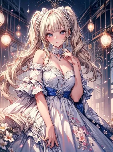 masterpiece, highest quality, High resolution, SA1, Floral off-the-shoulder dress, Sparkly eyes, false eyelashes, Platinum Blonde Twin Tails, Cute atmosphere,