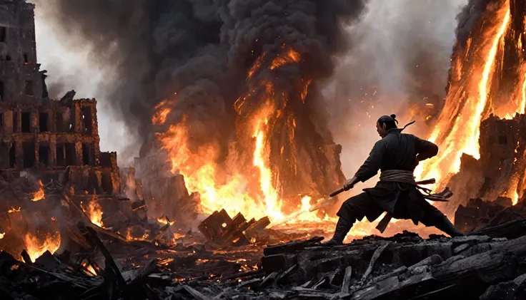 Anime style, High contrast, black and white, dramatic scene: Lao delivers a decisive strike to Liu XuanTian. Liu falls to his knees amidst the fiery ruins, fire still raging.