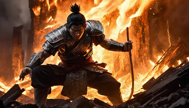 Anime style, High contrast, black and white, dramatic scene: Lao delivers a decisive strike to Liu XuanTian. Liu falls to his knees amidst the fiery ruins, fire still raging.