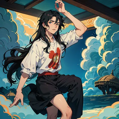 A boy with black, Wavy hair in the room, Animation Studio Ghibli, Ghibli Stadium Edition, 19-year-old boy, Studio Ghibli Animation, Howl&#39;s Castle