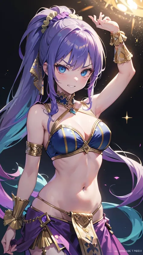 Best quality, Ultra detailed, best quality, insanely detailed, beautiful, masterpiece, 8k, 
break  
Colorful background, refraction Glowing white lines ,Crossing Light,light particles
break 
1lady, purple hair, long hair, high ponytail, (hair scrunchie :1....