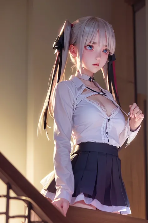 One girl,masterpiece,Highest quality,Blonde,stockings,Checked skirt),Short skirt JK,,Are standing,In total length,Medium chest,Very detailed,[[Realistic]],Beautiful and attractive anime teen,Enchanting anime girl,Swinging skirt,blue eyes, hair ornaments, H...