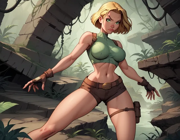 score_9, score_8_up, score_7_up,score_6_up, score_5_up, score_4_up, detailed soft lighting, 1girl, solo, large breasts, AchaseDG, hort hair, blonde hair, green eyes, plain white shirt, black gloves, crop top, (tiny brown shorts:1.4), belt, fingerless glove...