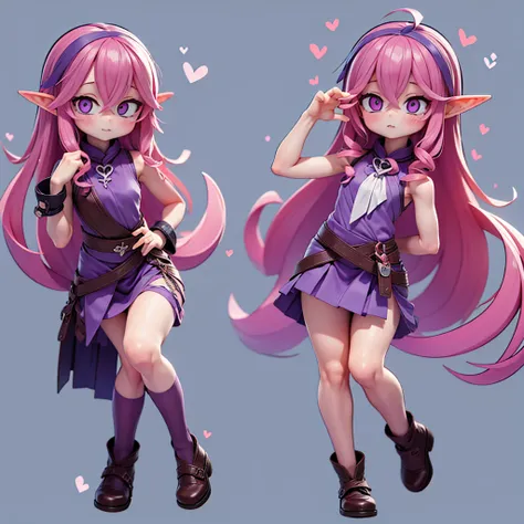 keera ,anime girl with pink hair and blue eyes in purple dress, hold the pudica pose, elf girl wearing floral outfit, color line...