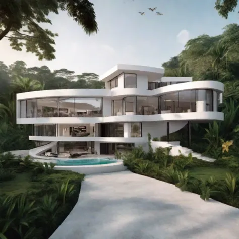 masterpiece, best quality, house for the rich, modern, in the jungle, luxury, white mansion, expensive