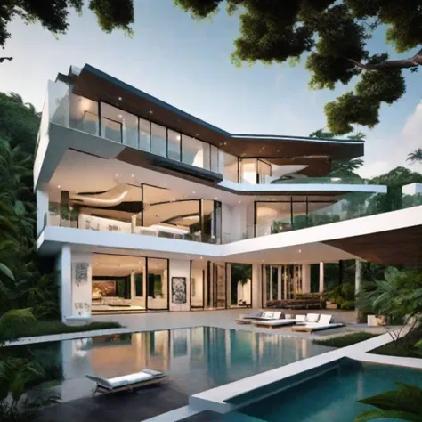 masterpiece, best quality, house for the rich, modern, in the jungle, luxury, white mansion, expensive