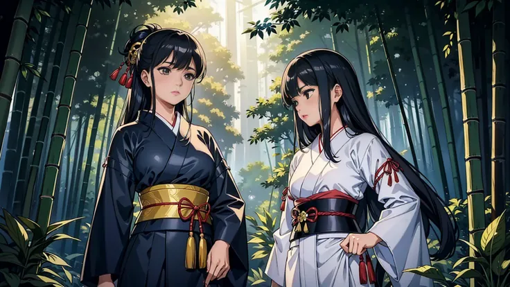 A female samurai in traditional Japanese attire traveling through a dimly lit bamboo forest. She has a determined expression on her face, with long, flowing black hair, and her hand resting on the hilt of her katana. The bamboo forest is dense, with tall, ...