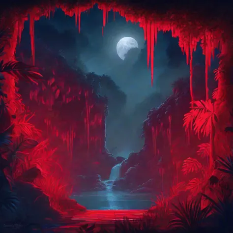 night, masterpiece, best quality, extremely detailed, jungle, waterfall, darkness, red backlight, moon, creepers, nature