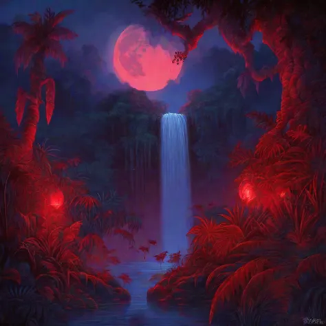 night, masterpiece, best quality, extremely detailed, jungle, waterfall, darkness, red backlight, moon, creepers, nature