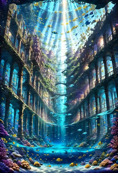 masterpiece, highest quality, ultra-detailed, high-definition background, 8k, hi-res, high quality. an underwater city with anci...