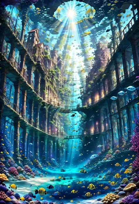 masterpiece, highest quality, ultra-detailed, high-definition background, 8k, hi-res, high quality. an underwater city with anci...